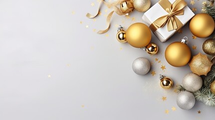 Obraz na płótnie Canvas a white box with a gold bow and christmas decorations around it. generative ai