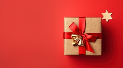  a wrapped gift box with a red ribbon and a star on a red background.  generative ai