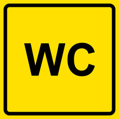 Sign indicating a separate toilet for one visitor, emblem of water closet with letters WC on yellow background.