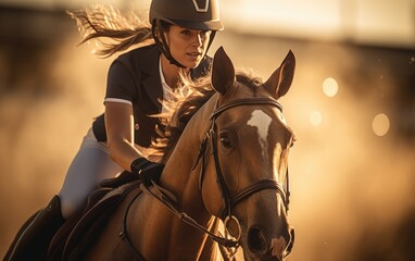 A determined professional equestrian rider while training a horse in an open arena