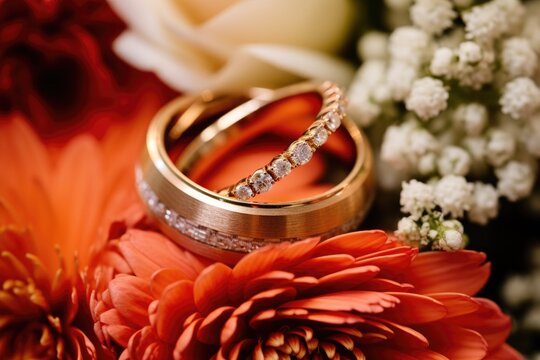 Macro photography of wedding rings on flowers 