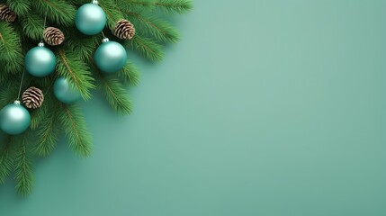  a green christmas tree with blue ornaments and pine cones on it.  generative ai