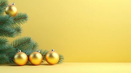  a yellow christmas tree with three gold ornaments on top of it.  generative ai - obrazy, fototapety, plakaty