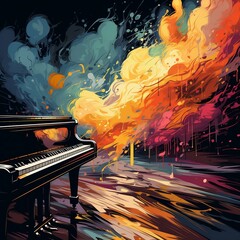 A female hand playing a piano, pop art color explosions, fluid landscapes