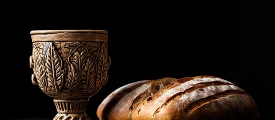 Clay cup and bread on black background with space for text