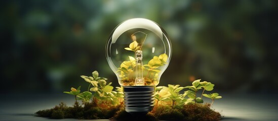 Green energy concept represented by solar panels powering a light bulb - obrazy, fototapety, plakaty