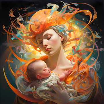 Surrealism art of mom with baby