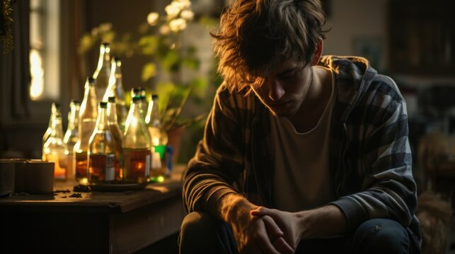 Young man lost in thoughts surrounded by empty bottles, capturing the mood of introspection amidst signs of addiction.