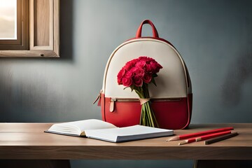 a closeup view of white school bag with closeup view of two red Bouquet of flowers, led pencil and book, on wooden table in room