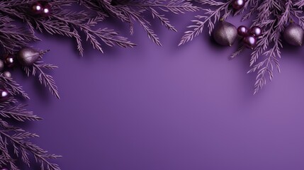  a purple christmas background with silver ornaments and fir tree branches.  generative ai