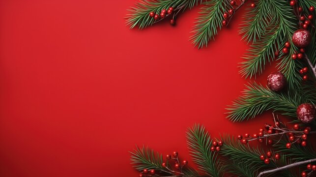  a christmas tree branch with red berries and green leaves on a red background.  generative ai