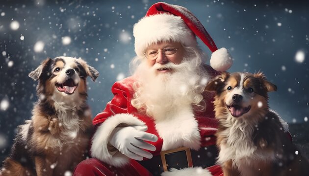 Cute image of Santa Claus with two dogs and a background of snowflakes