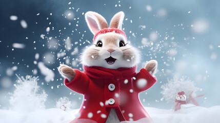 Whimsical Rabbit in Santa Attire Braving a Blizzard in Lifelike 3D Rendering