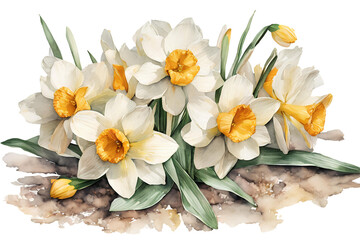 Elegant watercolor spring narcissus flowers. Daffodils. Floral botanical illustration