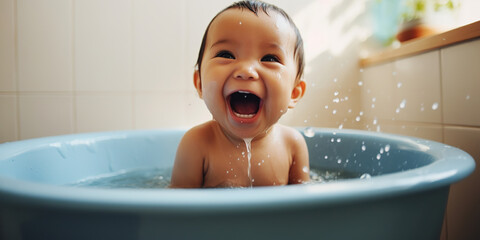 Baby laughing in bath tub. Generative AI.