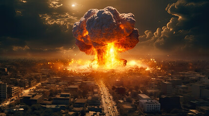 Big explosion of nuclear bomb with smoke and flames. War concept.