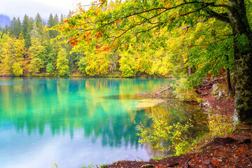 Laghi di Fusine inferior lake, Tarvisio, Italy. Amazing autumn landscape, crystal clear water with...