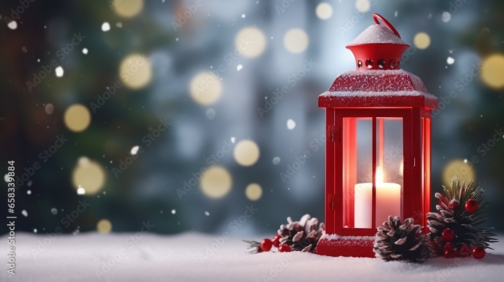 Poster a red lantern with a lit candle in the middle of it. generative ai