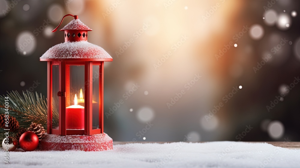 Aufkleber a red lantern with a lit candle on a snowy surface. generative ai