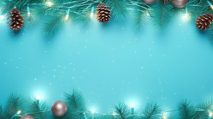 Fototapeta na wymiar a blue christmas background with pine cones and lights on it. generative ai