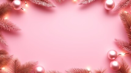  a pink christmas background with ornaments and a pine tree branch.  generative ai