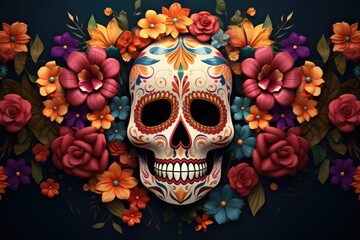 day of the dead, skull with flowers and on black background