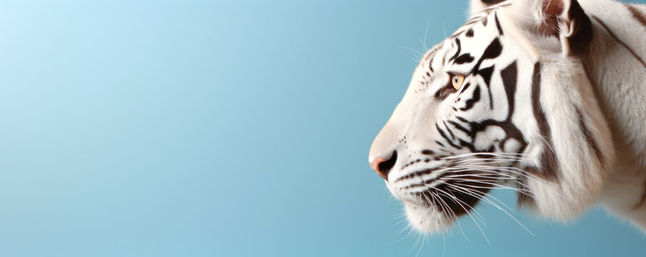 white tiger head in profile on a light blue background, banner with copy space