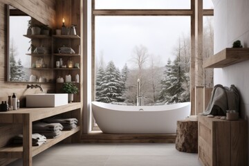 White bathtub fills with foam water in a modern apartment with stylish loft-style interior design, home decor. Winter view Spa concept, relaxation. Soft selective focus.