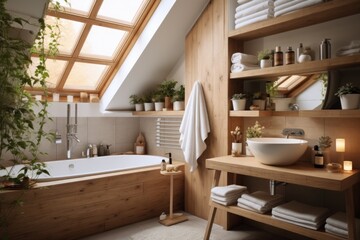 Step into a brand new wooden bathroom that exudes warmth and elegance. The wooden elements add a natural touch, creating a cozy and inviting ambiance. - obrazy, fototapety, plakaty