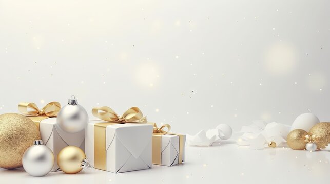  a group of presents with gold and white bows and ornaments.  generative ai