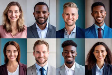 Collage of diverse business portraits showcases a tapestry of experiences and cultural richness. Each face tells a unique success story, reflecting the dynamism and multiculturalism of the business.  - obrazy, fototapety, plakaty