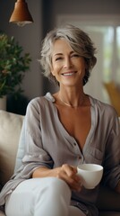 senior person sitting in sofa smile with coffee