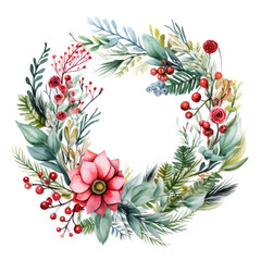 Festive watercolor wreath of poinsettia winter berry and evergreen fir pine branches on white background