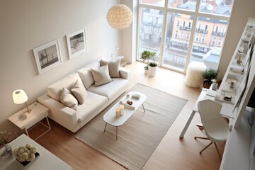 An overhead view of the contemporary living room reveals a spacious, stylish haven. Clean lines, ample natural light, and chic decor create an inviting, sophisticated atmosphere, perfect for relax - obrazy, fototapety, plakaty