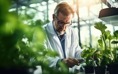An intrigued researcher analyzing plant growth in a greenhouse - obrazy, fototapety, plakaty