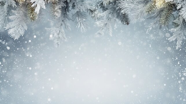  a snow covered background with pine branches and snow flakes.  generative ai