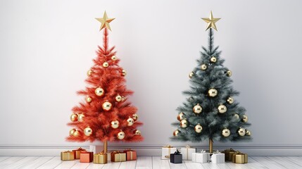  two christmas trees with gold and silver ornaments and presents under them.  generative ai