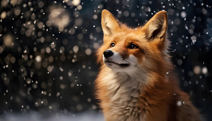 
Beautiful fox at Christmas time, with an expression of tenderness and a background of snowflakes