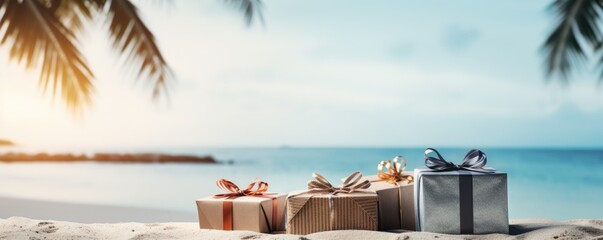 christmas holiday gifts on tropical beach vacation