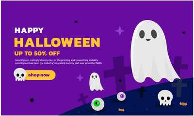 Cheerful Halloween Haunts, Cute Ghost Adorns Spooky Tomb in Festive Banner