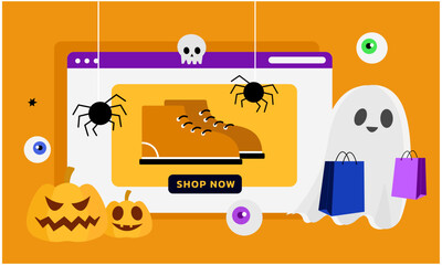 Playful Halloween Spree, Cute Ghost with Shopping Bag in Online Halloween Shopping