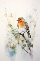 Pretty Little orange and white bird perched on a branch soft watercolor style