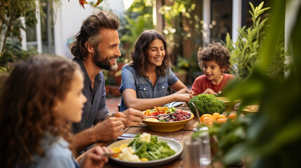 A family gathered around the dinner table, enjoying a plant-based meal together, vegans, vegetarians, with copy space