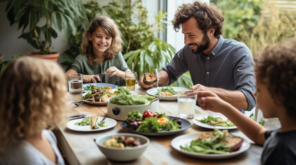 A family gathered around the dinner table, enjoying a plant-based meal together, vegans, vegetarians, with copy space