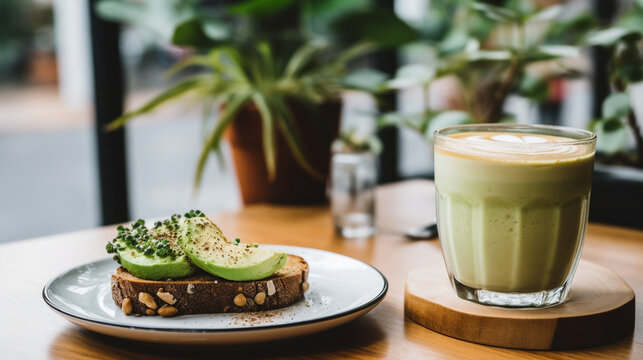 A cozy cafe scene with a table set for brunch featuring avocado toast and almond milk lattes, vegans, vegetarians, with copy space - Powered by Adobe
