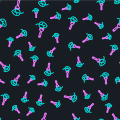 Line Vegan food diet icon isolated seamless pattern on black background. Organic, bio, eco symbol. Vegan, no meat, lactose free, healthy, fresh and nonviolent food. Vector