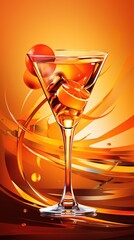  a martini glass with an orange background and a splash of liquid.  generative ai - obrazy, fototapety, plakaty