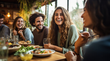 A group of friends celebrating a special occasion with a vegan feast and laughter, vegans, vegetarians, with copy space - obrazy, fototapety, plakaty