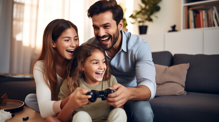 A family playing educational and interactive video games together, digital native, Gen Alpha - obrazy, fototapety, plakaty