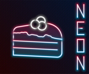 Glowing neon line Piece of cake icon isolated on black background. Happy Birthday. Colorful outline concept. Vector